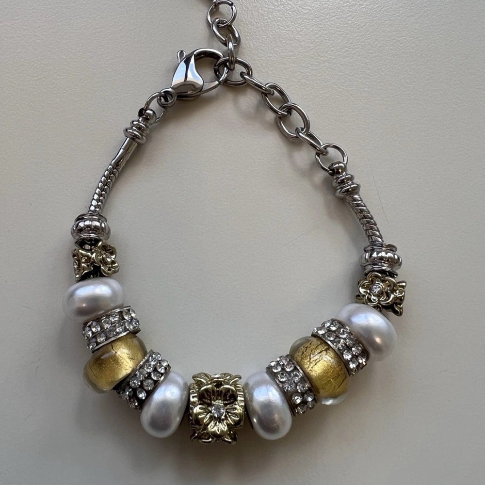 Bella Perlina Charm Serpentine Chain Bracelet‎ Yellow Silver Tone Floral Pearl